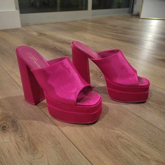 Forever 21 Hot Pink Fuschia Platform Open Toed Mules Block Heels - Picture 1 of 3